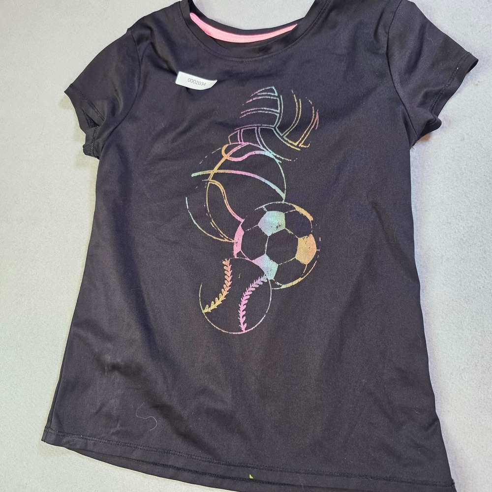 Tek Gear Girls Black Multi Sport Graphic Athletic T-Shirt Size S 7 Soccer Bball